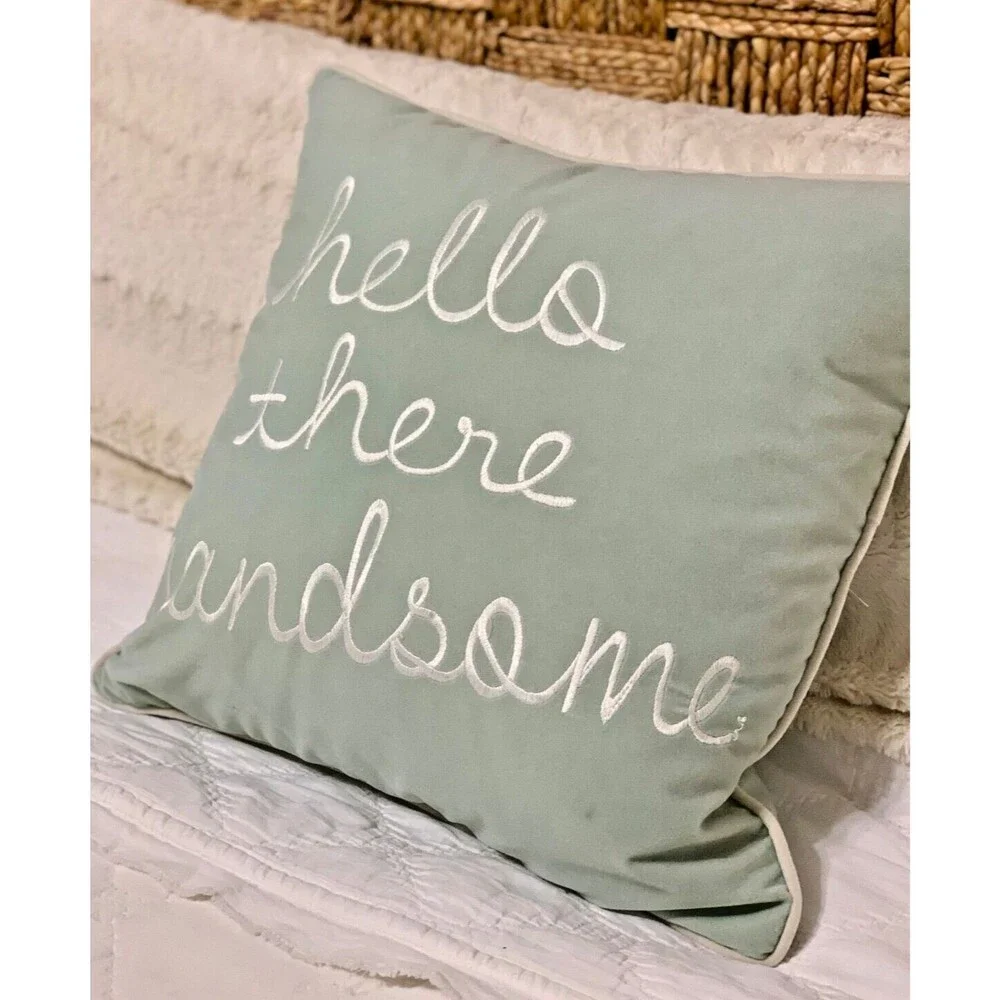 NEW Textured Velvet Pillow Cover Hello There Handsome 17x17 Blue Embroidered
